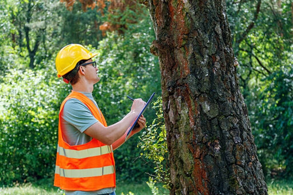 Tree service professional inspecting storm-damaged tree and assessing safety risks in Beachwood, OH